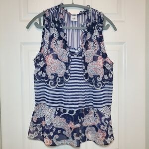 CAbi #5349 Blue Peplum Blouse Paisley Stripe Sleeveless Ruffle Top Size Small